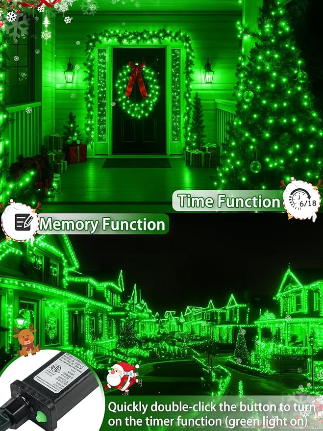 2-Pack 66FT 200 LED Christmas Lights, 13 Modes Extendable Christmas Tree Lights with Timer & Memory, Waterproof Twinkle Fairy Lights Green Wire Outdoor String Lights Indoor for Xmas Tree (Green)