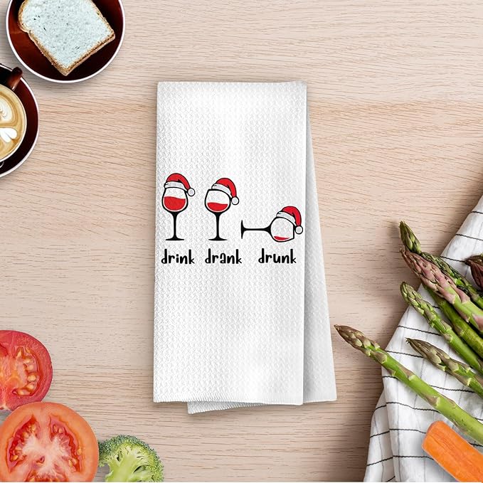 Christmas Wine Kitchen Towels - Funny Wine Gifts Waffle Decorative Dish Towels, Funny Christmas Hand Towel, Drink Drank Drunk Tea Towel, 16x24 Inches