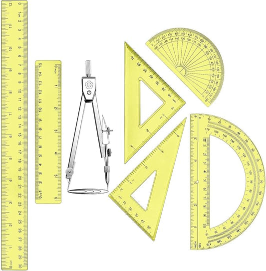 Zonon 1 Set Plastic Geometry Math Set Includes Drawing Compass, 6 Inch 4 Inch Protractor, 45/60 Degree Triangle Rulers 12 Inch 6 Inch Math Ruler Transparent for Office Supplies(Yellow)