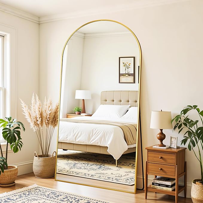 Full Length Mirror, 78"x38" Oversized Floor Mirror Freestanding, Full Body Mirror Floor Standing Mirrors with Stand, Hanging Mounted Mirrors for Bedroom Living Room, Gold, Arched Style