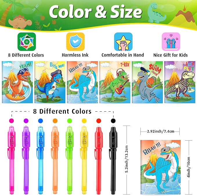Invisible Ink Pens with UV light for Kids, Spy Pen Dinosaur Party Favors for Kids 8-12, 24Pack Invisible Ink Pen and Notebook, Magic Marker for Secret Message Birthday Party Favors for Kid 4-8
