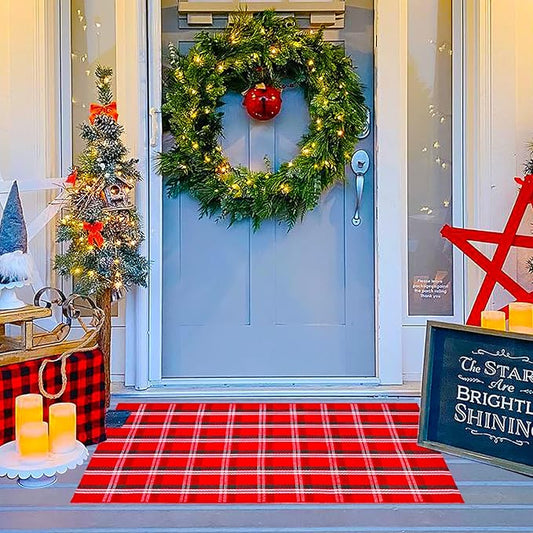 Ckorzen Red Green and White Plaid Rug, 28" x 43" Christmas Front Porch Outdoor Rug, Handwoven Cotton Washable Rug for Layered Door Mats, Holiday Entryway and Home Décor