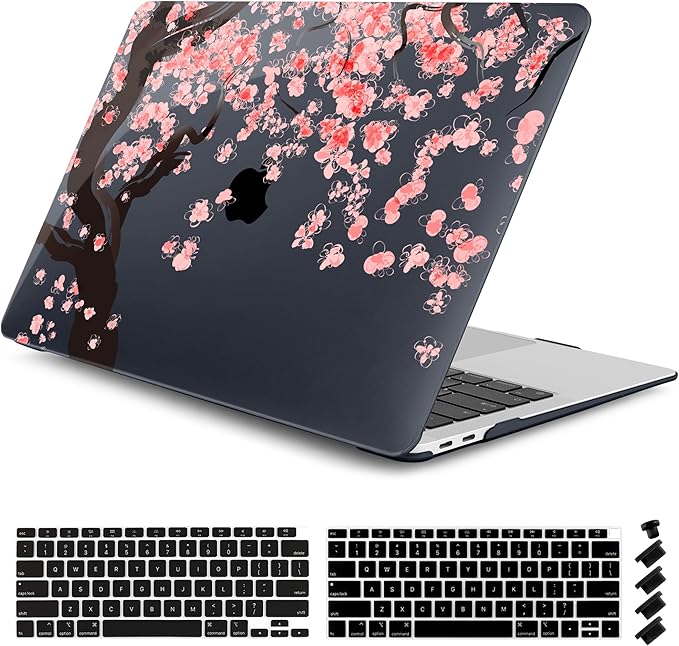 DONGKE MacBook Case for MacBook Air 13 inch M1/A2179/A1932, Crystal Black Hard Shell Cover with Cherry Blossom Pattern, Touch ID & Retina Display Compatible