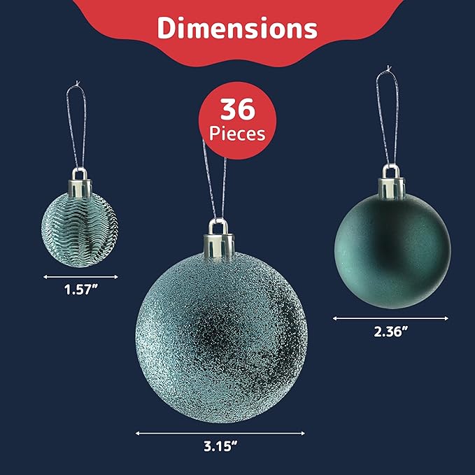 Prextex 36-Pieces Christmas Ornaments Set - Shatterproof, Festive Olive Green Christmas Tree Balls Decorations in 3 Sizes and 6 Styles with Hanging Loops for Tree, Wreath, Dazzling Holiday Party Decor