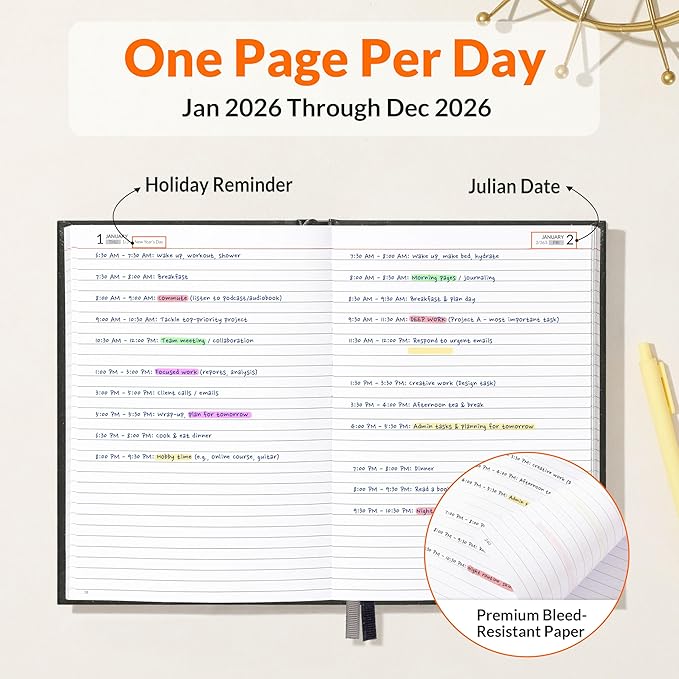 SUNEE 2026 Daily Planner Hardcover - Journal Organizer for Work & School - Daily Page Layout with Holidays, Notes - 100gsm No-Bleed Paper Agenda for Women & Men, Black