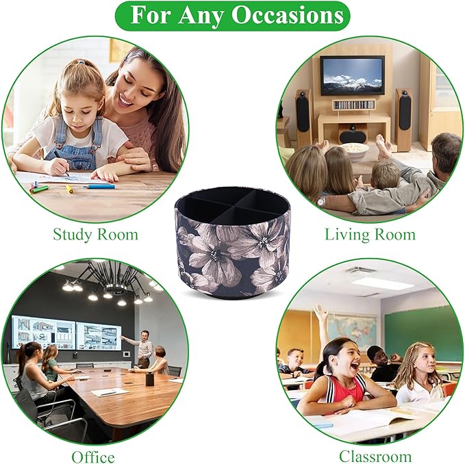 QIELIZI Round Leather Art Supply Organizer,Remote Control Holder,360 Degree Rotating,Multi-Functional Pencil Holder,4 Compartments Desktop Stationary Organizer(1-Dahlia Light Brown)