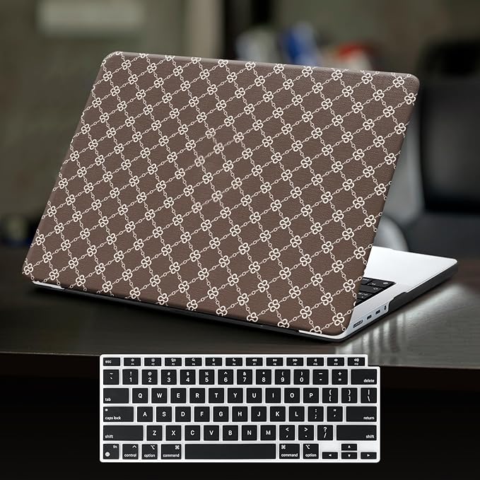 Compatible with MacBook Air 13 inch Case 2025 2024 2023 2022 M4 A3240 M3 A3113 M2 A2681, Luxury Checkered Textured Vintage Leather Plastic Hard Shell Case for MacBook Air 13.6 M4+Keyboard Cover, Brown