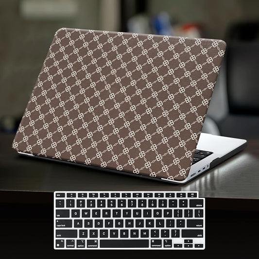 Compatible with MacBook Air 13 inch Case 2025 2024 2023 2022 M4 A3240 M3 A3113 M2 A2681, Luxury Checkered Textured Vintage Leather Plastic Hard Shell Case for MacBook Air 13.6 M4+Keyboard Cover, Brown