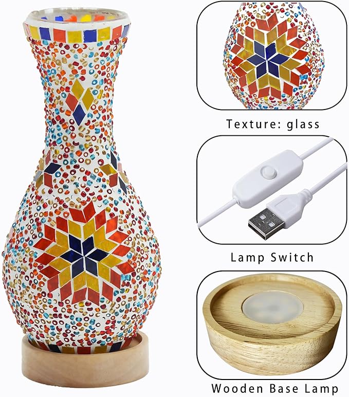 Mosaic Vase Lamp, Turkish Moroccan Table Lamp，Colorful Handmade Glass Vase with Wood Base for Flowers, USB Charge Decor Light for Bedroom Ambient Living Room Farmhouse