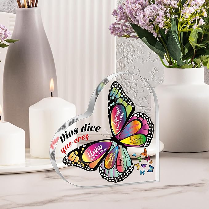 Yopyame Spanish Christian Acrylic Gifts - Religious Inspirational Acrylic Sign with Bible Verses Butterfly Prayer Scripture Keepsake Paperweight for Birthday Gifts Christmas Home Office Table Shelf