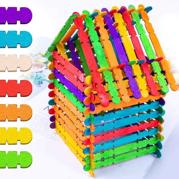 Colorful Wooden Craft Sticks, 200Pcs Popsicle Sticks for Crafts, Natural Jumbo Sawtooth Wooden Stick for DIY Craft, Kids Education Supplies