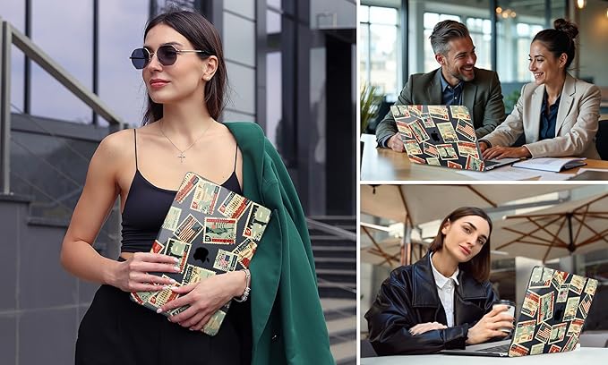 DONGKE for MacBook Air 13 Inch Case 2021-2018, Compatible with A2337 M1 A2179 A1932 Support Retina Display & Touch ID, Hard Shell Plastic Cover with Keyboard Skin - Classic Stamps