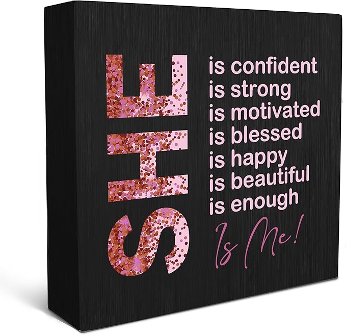 SRADMO Inspirational Woman Affirmation Wood Box Sign, Feminist Gifts, Female Women Empowerment Gifts, Motivational Positive Wooden Block Box Sign Decoration for Home Shelf Table Decor(Black), 8x8 Inch