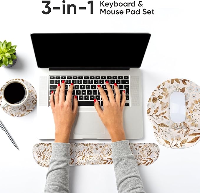 RICHEN Mouse Pad and Keyboard Wrist Rest, 3-in-1 Computer Mousepad and Coaster Set, Non-Slip Keyboard Wrist Rest and Mouse Pad Set Ergonomic Design (YKMWR-59)