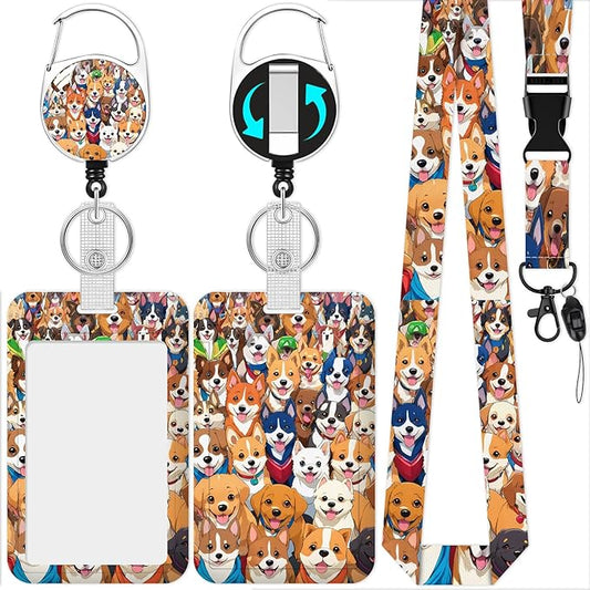Puppy Dog Lanyard with Id Holder, Cute ID Badge Holder with Retractable Lanyard, ID Holder with Badge Reel Clips, Animal Keychain Name Tag ID Card Holder Teacher Women Doctor Office Gift