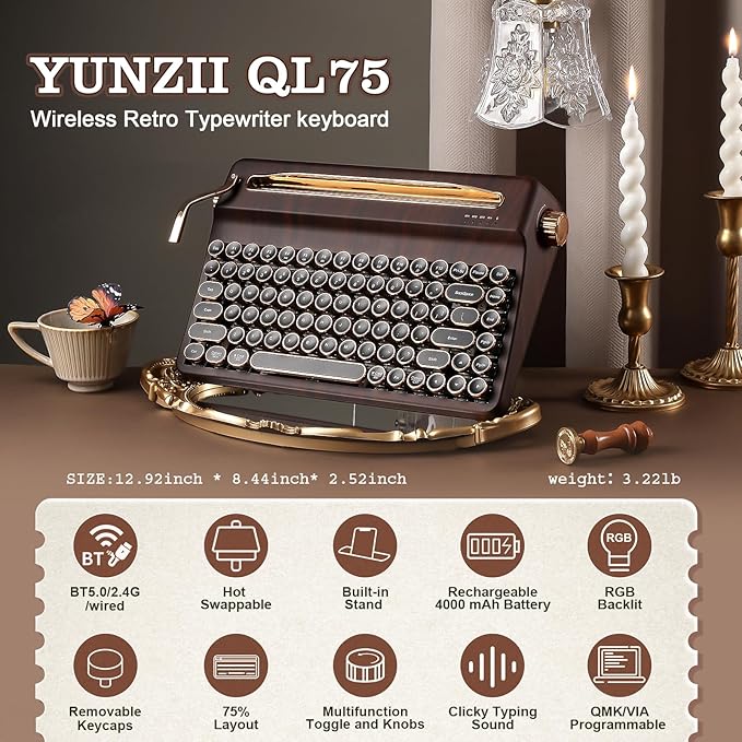 YUNZII QL75 Wireless Typewriter Hot Swap Retro Mechanical Keyboard,Punk Round Keycaps,RGB Backlit QMK/VIA Programmable, Multi-Device Keyboard with 2.4GHz/Type-C/BT5.0 (Wood, Cocoa Cream V2 Switch)