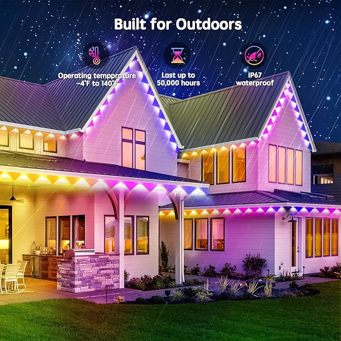 200FT Permanent Outdoor RGB Lights,IP65 Waterproof Smart LED Eaves Lights with App/Remote Control,for Christmas and All Holiday Decor,Daily and Accent Lighting,House Roof and Garden Lighting