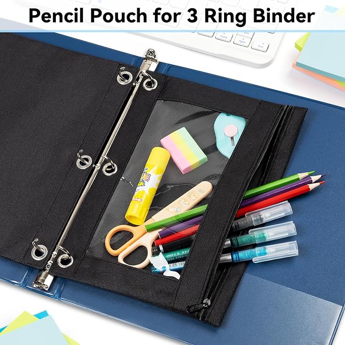V-Opitos Pencil Pouch for 3 Ring Binder, 2 Pack Green 3-Holes Zipper Pencil Pouches, Sturdy and Durable Cloth Pencil Case with Clear Window for Office School College Supplies