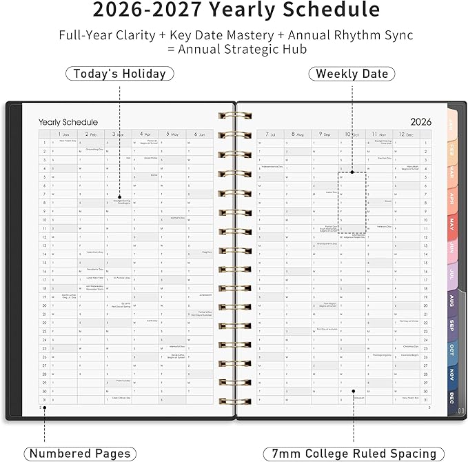 RETTACY 2026-2027 Monthly Planner, Jan 2026 - Dec 2027, Medium Size (5.7" x 8.3"), Agenda, Calendar, 24 Month Tabs, Flexible Plastic Cover, 100 GSM Thick Paper, Spiral-bound (Black)
