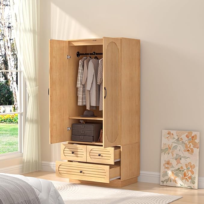 Wood Armoire Wardrobe Closet with Doors, Fluted Wardrobe Cabinet with 3 Drawers, Large Armoire Closet, Tall Clothing Storage Cabinet with Hanging Rod and Shelves, for Bedroom, Laundry, Natural