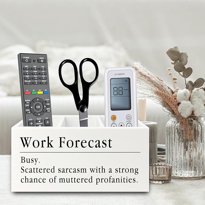 Funny Pen Pencil Holder Organizer for Desk, Funny Coworkers Gifts for Women, Office Humor Gifts, Work Forecast Wooden Box Sign for Home Office Desk Tabletop Decorations