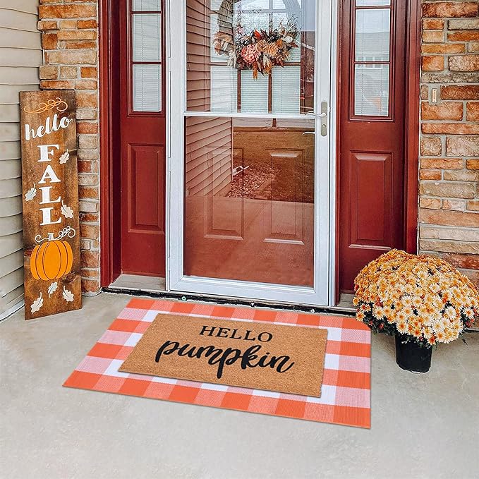 Ckorzen Fall Plaid Rug 28" x 43", Orange and White Buffalo Check Front Porch Outdoor Layered Doormat, Cotton Hand-Woven Washable Rug for Halloween Thanksgiving Autumn Decor