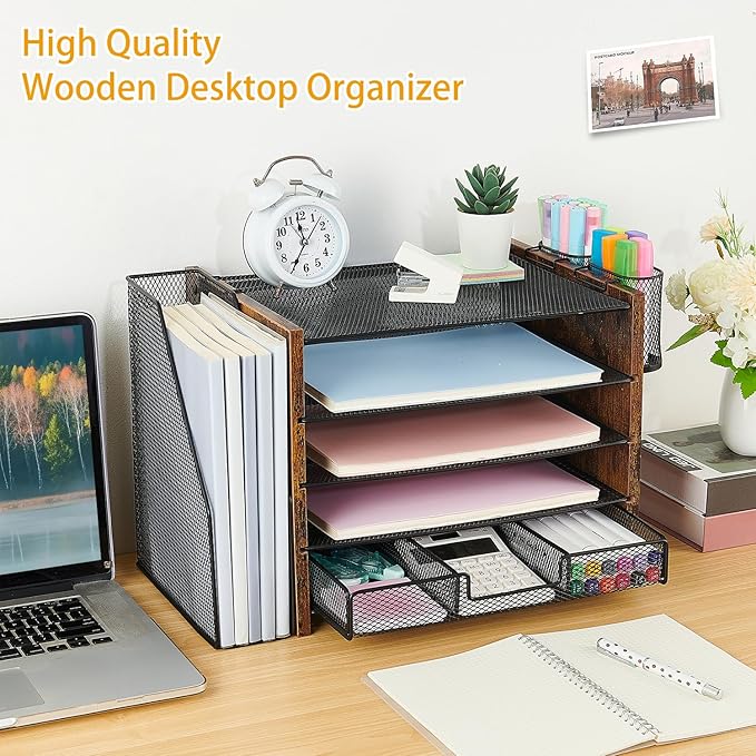 Wood Desk Organizers and Accessories with File Organizer, 5-Tier Paper Organizer with Drawer & Pen Holder, Office Desk Accessories, Workspace Desktop Storage for Office Supplies Organization（Brown）