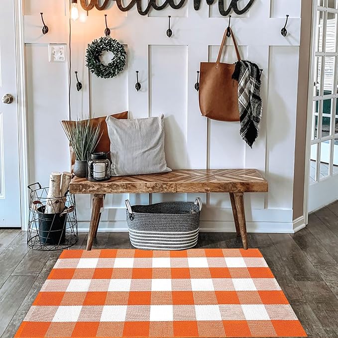 Buffalo Plaid Outdoor Rugs, 2'4" x 3'7" Orange and White Check Indoor/Outdoor Area Rug, Layering Rug for Hello/Welcome Door Mat, Washable Cotton Woven Farmhouse Mat for Fall Front Porch Décor