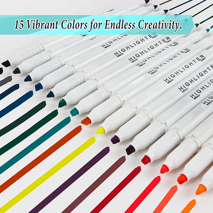 Smilo 15-Color Dual Tip Highlighters, No Bleed Quick Dry Bible Journaling Markers, Chisel and Fine Tip for School Supplies, Office & Study, Assorted Colors (15 Pack)