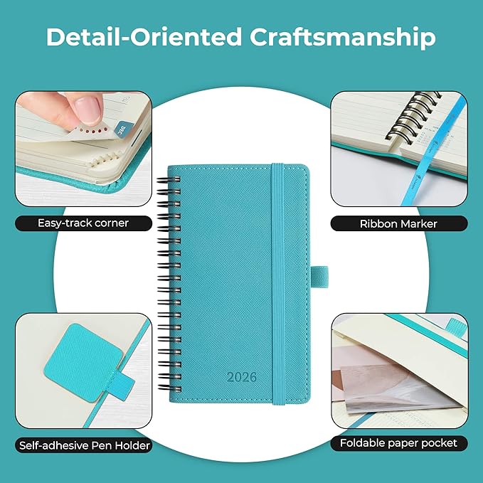 Planner 2026 Daily Weekly and Monthly,6.5"x3.75",12 Months Spiral Bound Calendar Agenda with Self-adhesive Pen Holder,2026 Appointment Book with Vegan Leather Soft Cover,Light Blue