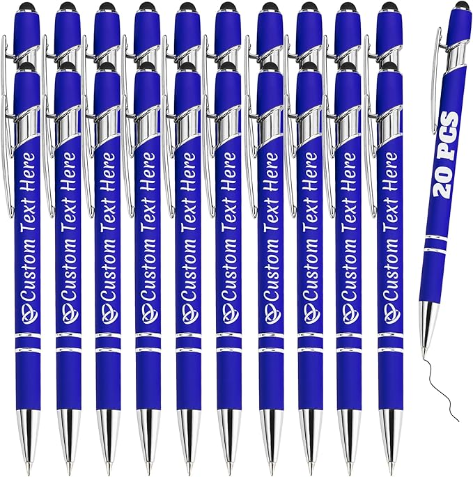 Personalized Pens Bulk 20 with Name Custom Engraving Ballpoint Pens with Stylus Tip Customized Smooth Writing Pens Personalized Gifts for Anniversary Birthday or Graduation(Blue,Black Ink)