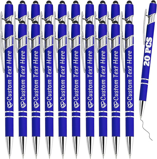 Personalized Pens Bulk 20 with Name Custom Engraving Ballpoint Pens with Stylus Tip Customized Smooth Writing Pens Personalized Gifts for Anniversary Birthday or Graduation(Blue,Black Ink)