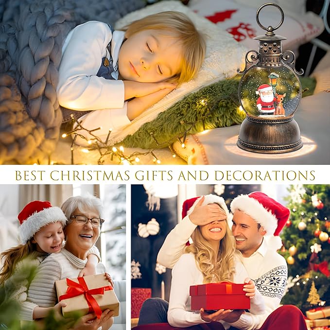 Christmas Snow Globes, Santa Claus and Deer Christmas Lantern with 8 Songs, 6H Timer Battery & USB Powered Glitter Music Box for Christmas Table Decorations Holiday
