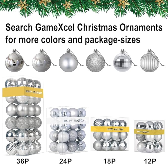 Silver 2.5" Christmas Balls Christmas Tree Decoration Ornaments Shatterproof Hanging Balls for Birthday Halloween Holiday Wedding Decorations Set of 24pcs