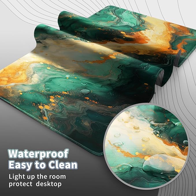 Gaming Mouse Pad, EDGFRTOIO Keyboard Mouse Pad 31.5x15.7 inch XXL Large Computer Laptop Cool Desk Mat with Non-Slip Rubber Base and Stitched Edge for Home Office Work, Green Orange Marble