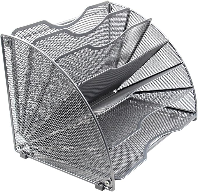 EasyPAG Desk File Organizer, 6-Section Vertical File Folder Holder Stand, Fan-Shaped Metal Rack File Sorter for Office Classroom Desktop Organization, Silver