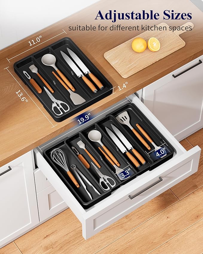 Kitsure Expandable Silverware Organizer – Large Utensil Drawer Kitchen Organization with 5 Compartments, Easy-Clean, Home & Apartment Essentials, Black, 13.6" x 1.4"x 11.0"~19.9"