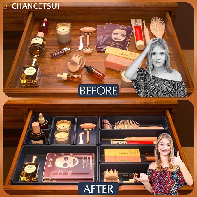 9 Pcs Stackable Drawer Organizer Trays Set, Multifunctional Stackable Storage Trays for Vanity, Bathroom, Kitchen, Desk Drawer Organizer Office. Plastic Drawer Organizers Available In 5 Colours, Blue