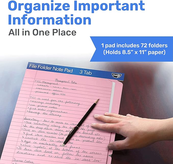 Find It File Folder Notepad - Pack of 72-9.5 x 12.5 Inch Notebook Organizer Folders for Filing, Document, and Clipboard Organization - Pink