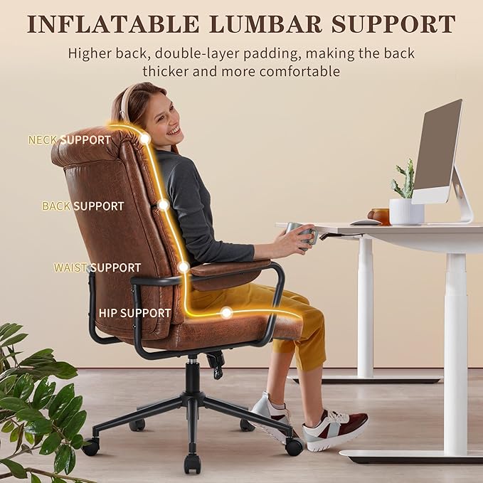 Mid Century Office Chair, Ergonomic Modern Breathable Fabric Home Desk Chair with Lumbar Support, Adjustable Height Swivel Computer Chair for Home Office (Brown)