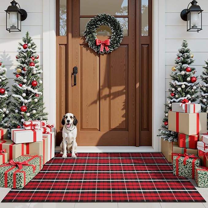 KIMODE Christmas Door Mat Outdoor 35"x59",Red and Black Buffalo Plaid Rug,Washable Cotton Hand-Woven Layered Door Mats,Reversible Outdoor Christmas Decor for Front Porch,Entryway,Kitchen