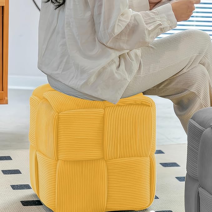 Ottoman Foot Rest Soft and Comfortable Ottoman Square Corduroy Woven Design Sofa Stool (Yellow)