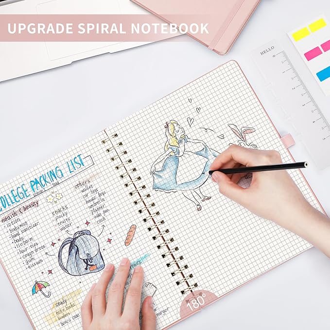 AHGXG Graph Paper Notebook - B5 Large Spiral Notebook Hardcover Leather Journal 140 Pages, Grid Notebook 7.6" x 10", 100 gsm Thick Paper, for School Writing Graphing Engineering Math, Rose Gold