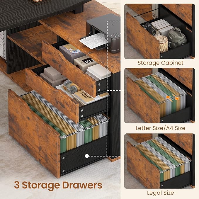 SEDETA 71" Executive Desk with File Cabinet, Large Office Desk with Drawers and Shelves, L Shaped Computer Desk with Power Outlets, Business Furniture Desk Workstation for Home Office, Brown