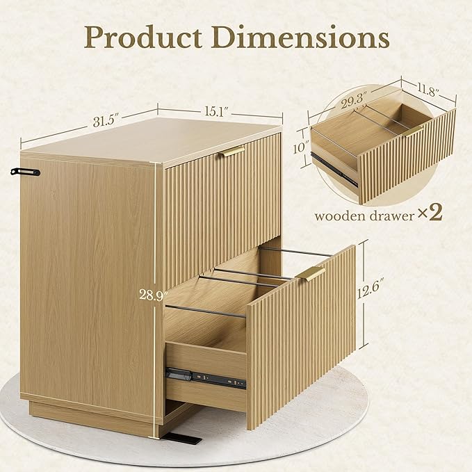 2 Drawer Fluted File Cabinet, 32'' Lateral File Cabinet for Legal/Letter/A4/F4 Size Hanging Files, Wood File Storage for Home Office, Light Walnut