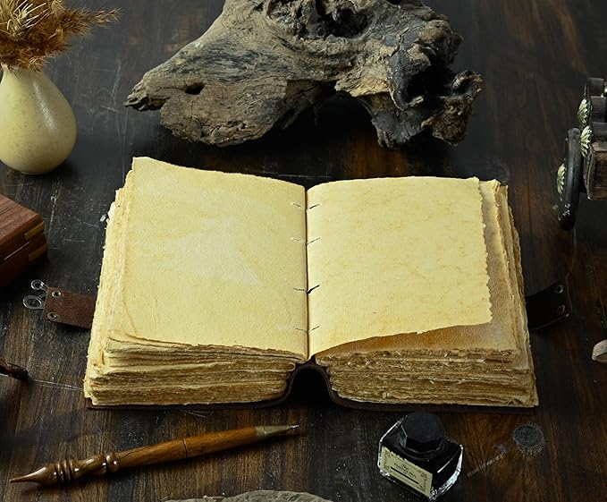 400 Page Leather Journal - Antique Handmade Deckle Edge Vintage Paper Leather Bound Journal - Book of Shadows Journal - Leather Sketchbook - Drawing Journal - Great Gift 7X5 Lock Brown