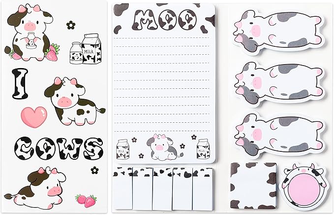 Xqumoi I Just Really Like Cow Sticky Notes Set, 550 Sheets, Cute Pink Cow Shaped Self-Stick Notes Pads Barnyard Farm Animal Divider Tabs Bundle Writing Memo Pads Back to School Office Supplies