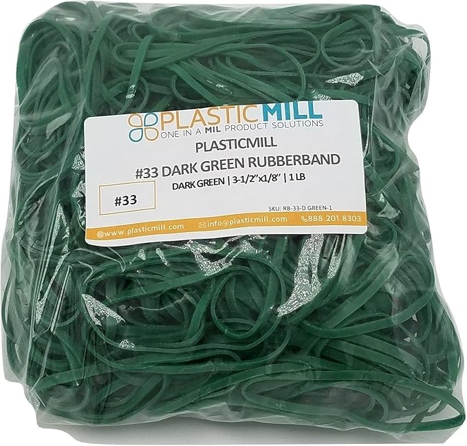PlasticMill Dark Green Rubber Bands Size 33 (3 1/2" x 1/8") - #33 Colored Rubber Bands Office Supplies - Strong, Elastic Bands for Crafts, Balloon Garland, Cash, File Folders (1,000-Pack)