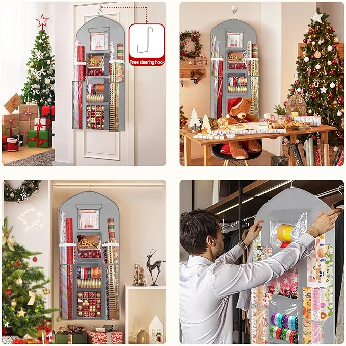Hanging Gift Wrapping Paper Storage, 48x24 (Extra Large) Grey Double-Sided Christmas Wrapper Bag Container, Oxford Long Craft Roll Organizer, Present Wrap Holder for Closet, Door