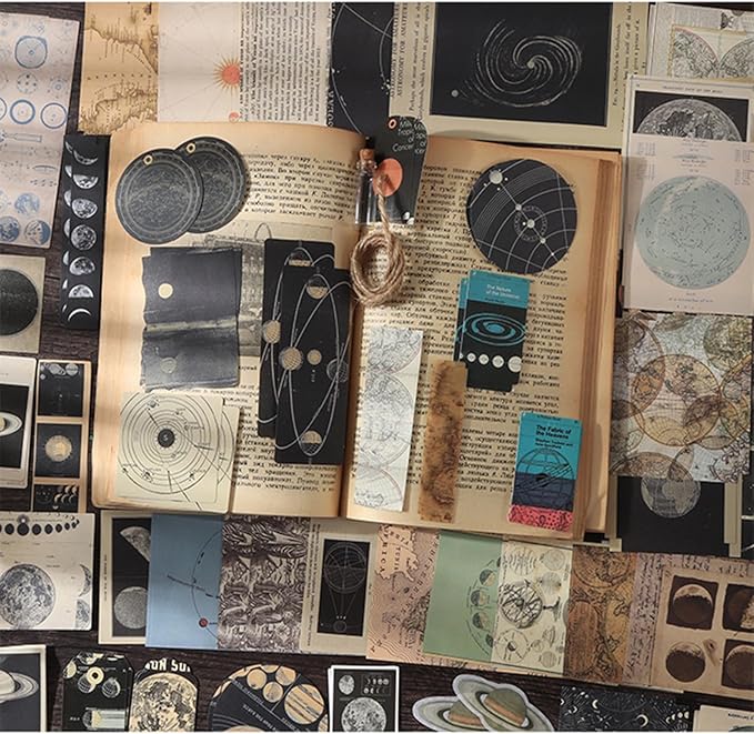 200 Pieces Vintage Ephemera Scrapbooking Supplies Pack Scrapbook Paper Sticker Material Pack for Art Journaling Bullet Journals Planners Collage Decoupage Crafter Gifts (Planet)